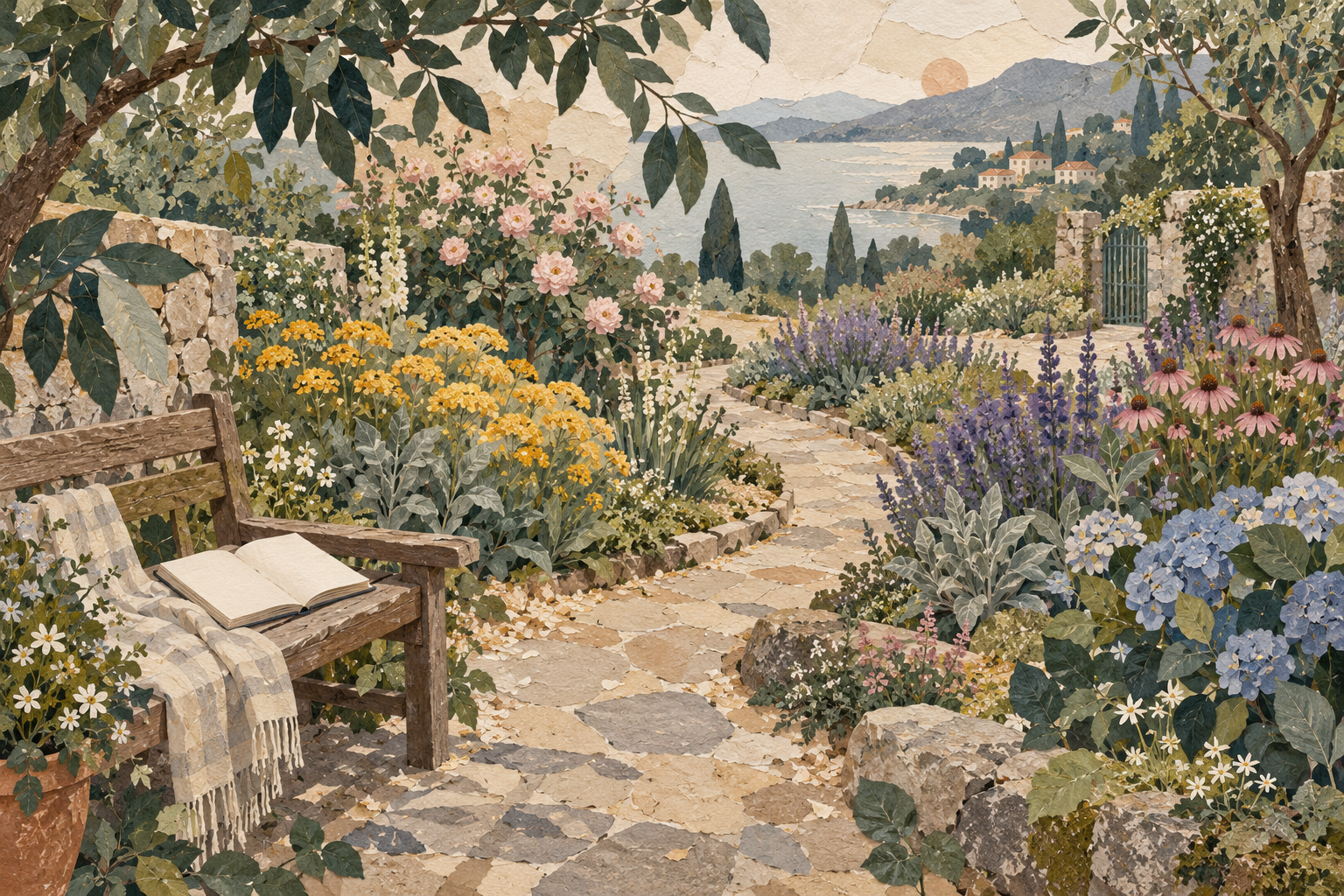 色や形の異なる花と小さな道が並ぶ、さまざまな気持ちを表す庭のイラスト