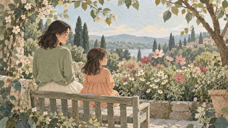 花の咲く庭のベンチで、大人の自分と小さな自分が同じ景色を眺めるイラスト