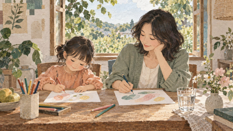 窓辺のテーブルで、大人の自分と小さな自分が色鉛筆を選ぶイラスト