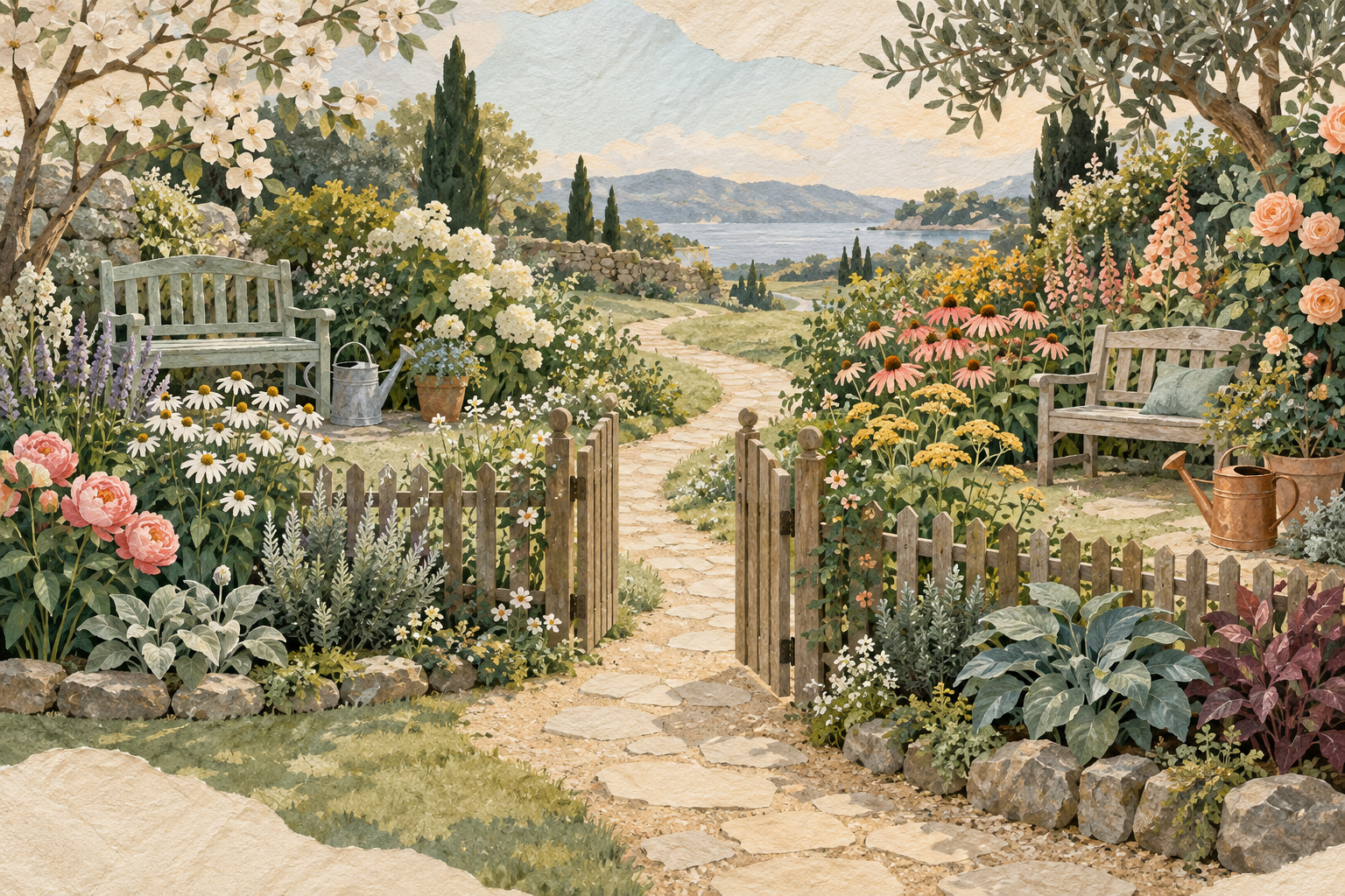 低い柵と開いた門でつながる二つの花壇を描いた、心地よい距離のイラスト