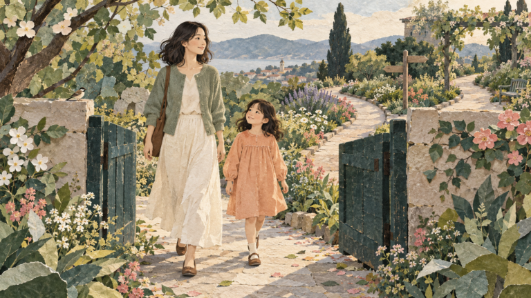 花の庭の門を通り、大人の自分と小さな自分が並んで歩くイラスト