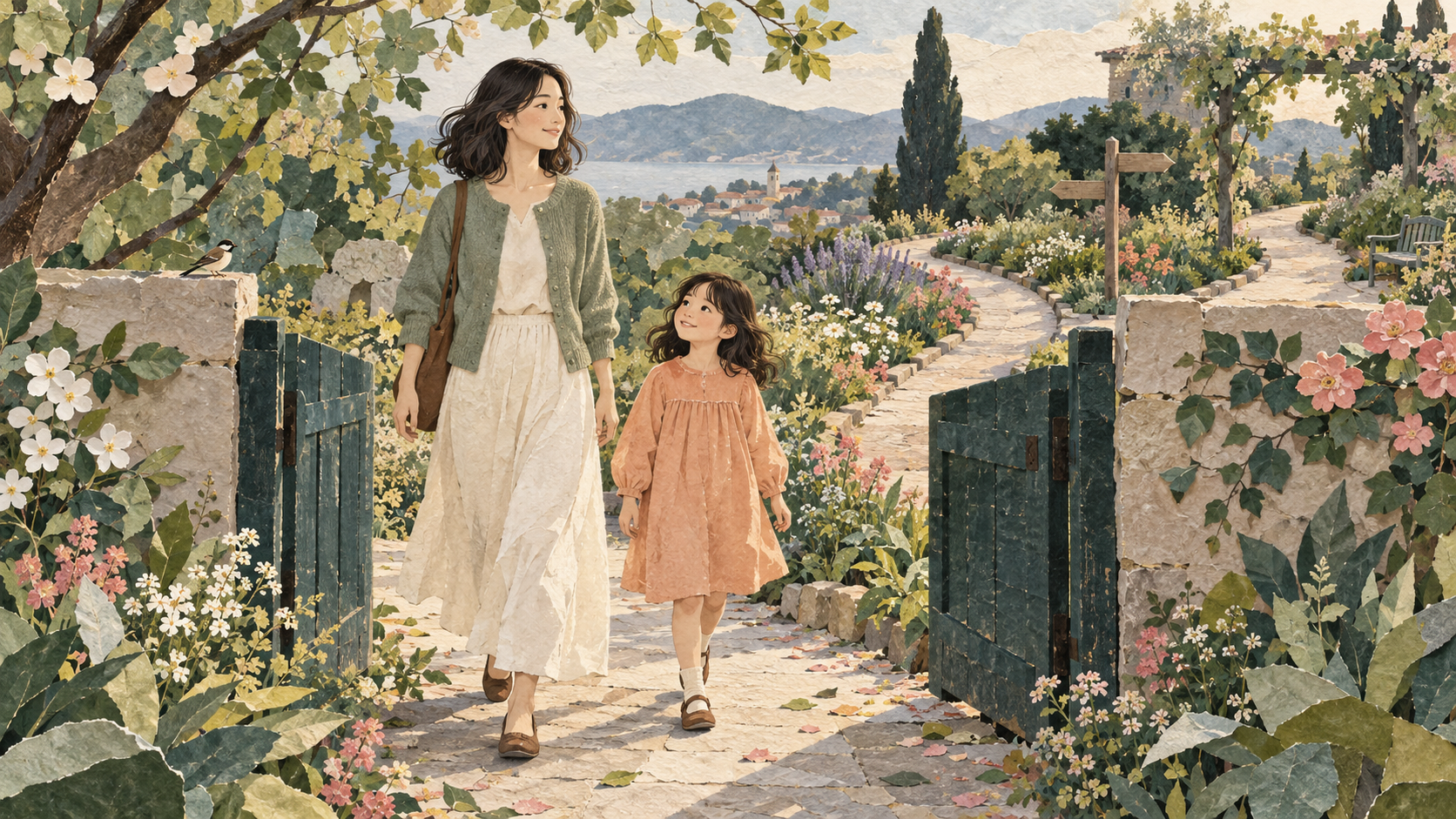花の庭の門を通り、大人の自分と小さな自分が並んで歩くイラスト